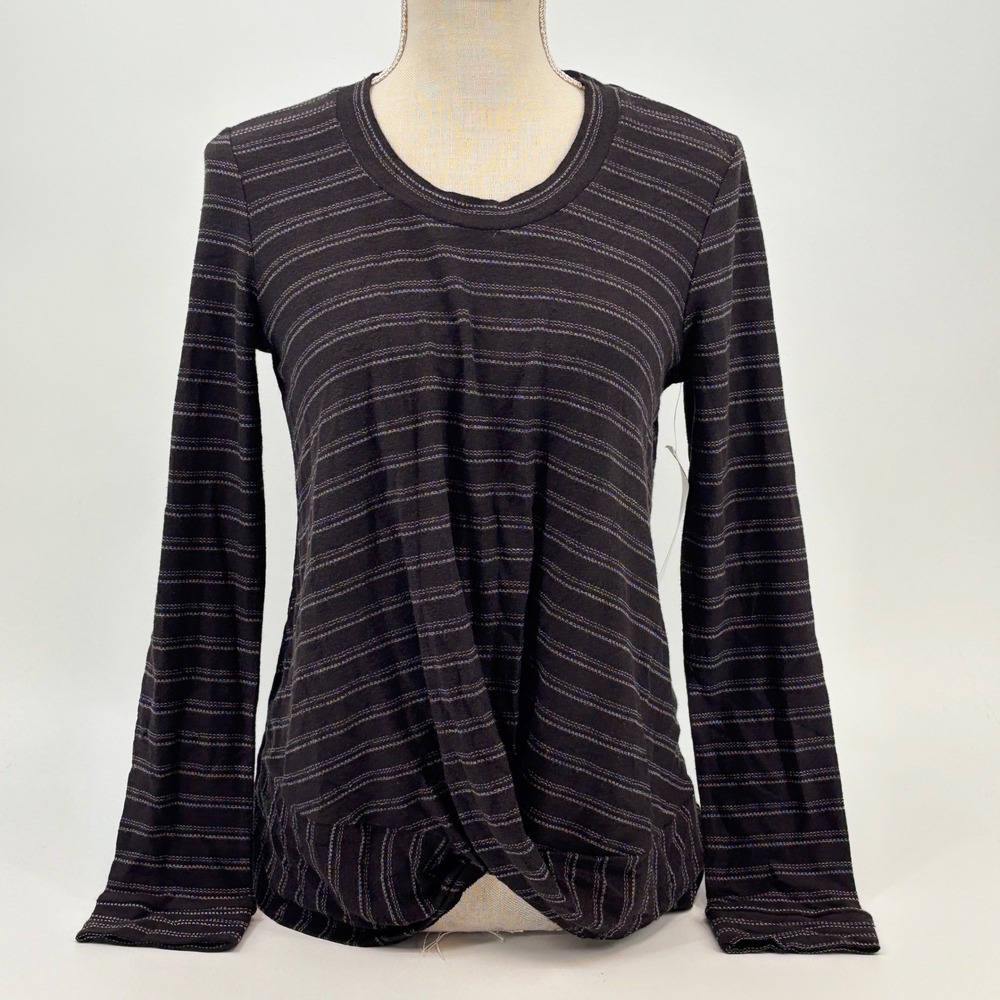 New Directions Casual Top Women S Black Blue Striped Twist Front Long Sleeve New
